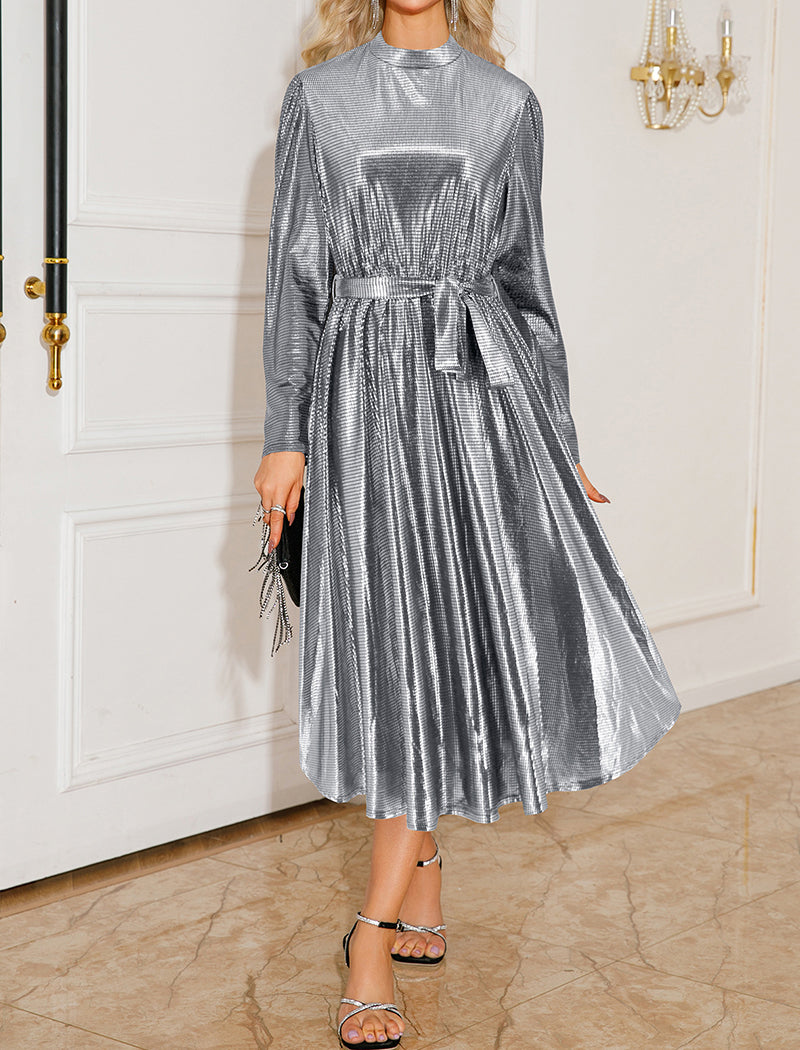 Long Sleeve Pleated Satin Evening Dress