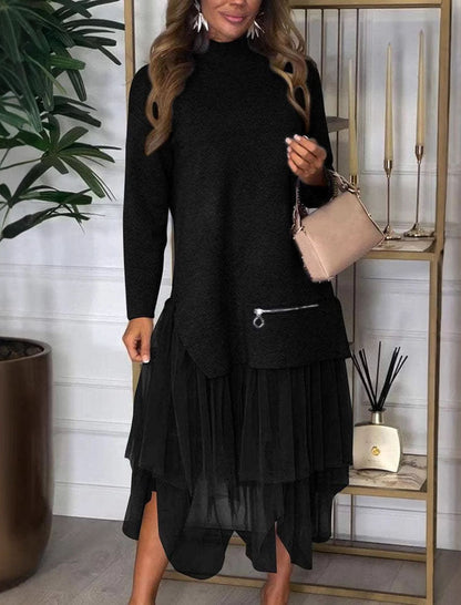 Layered Turtleneck Sweater Mesh Dress