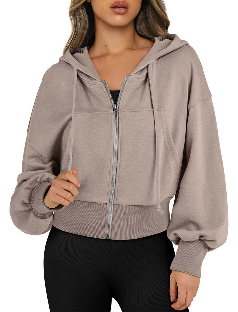 Cropped Zip-Up Hoodie with Elastic Cuffs