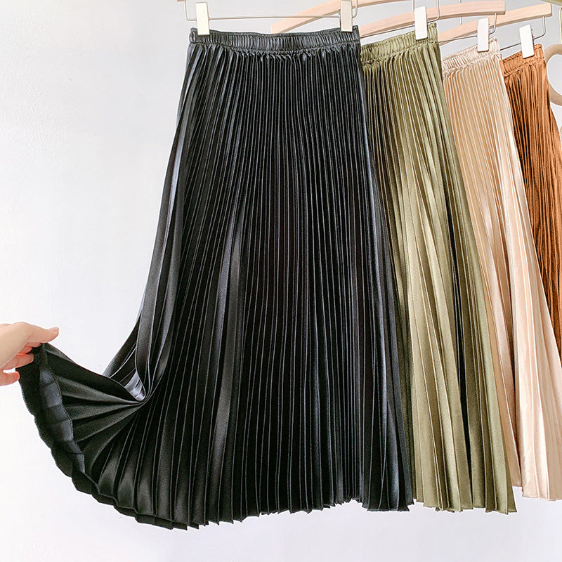 Pleated Metallic A-Line Midi Skirt