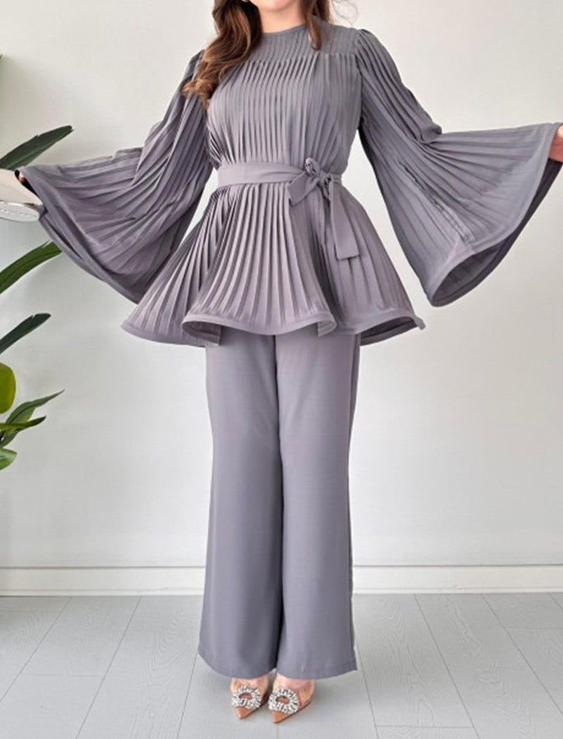 Pleated Bell Sleeve Top and Wide-Leg Pants Set