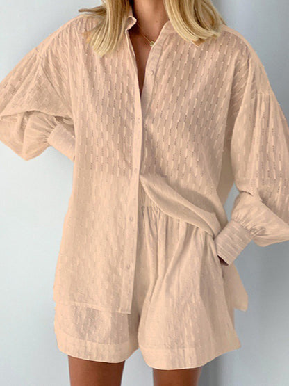 Solid Button-Up Shirt and Shorts Set