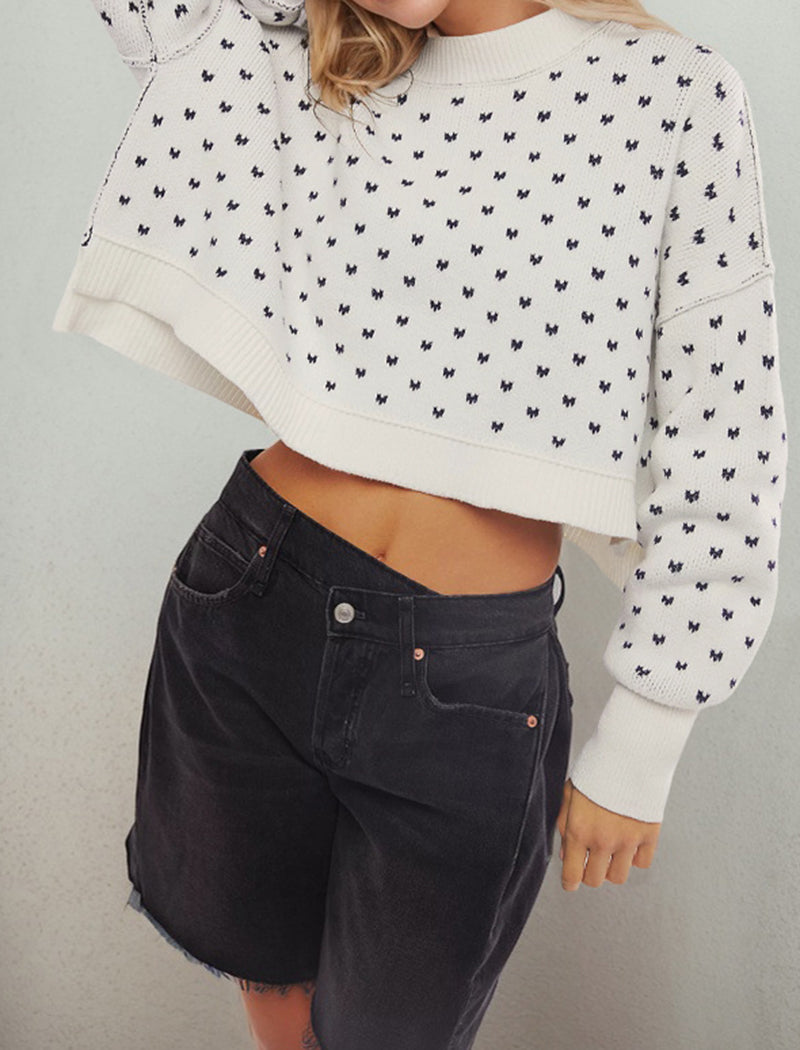 Heart Print Knit Crop Sweater