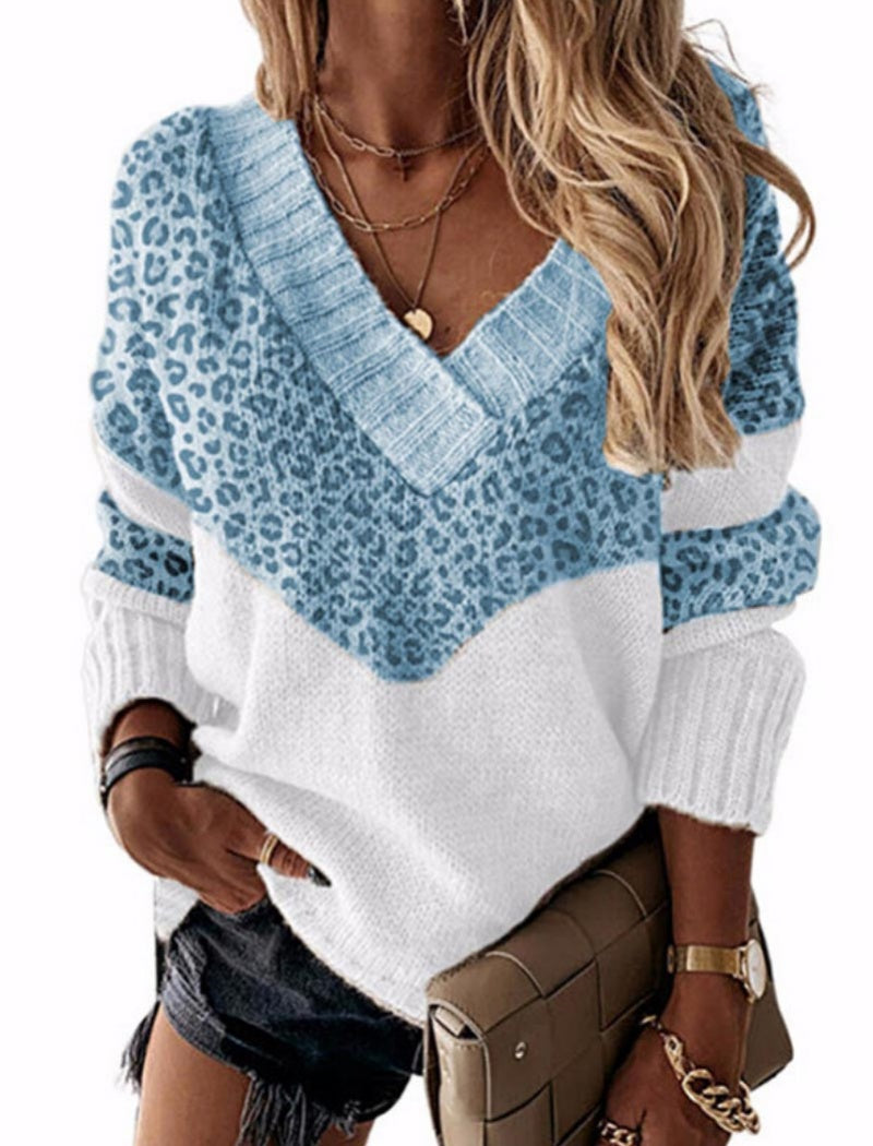 Leopard Print V-Neck Sweater with Colorblock Design