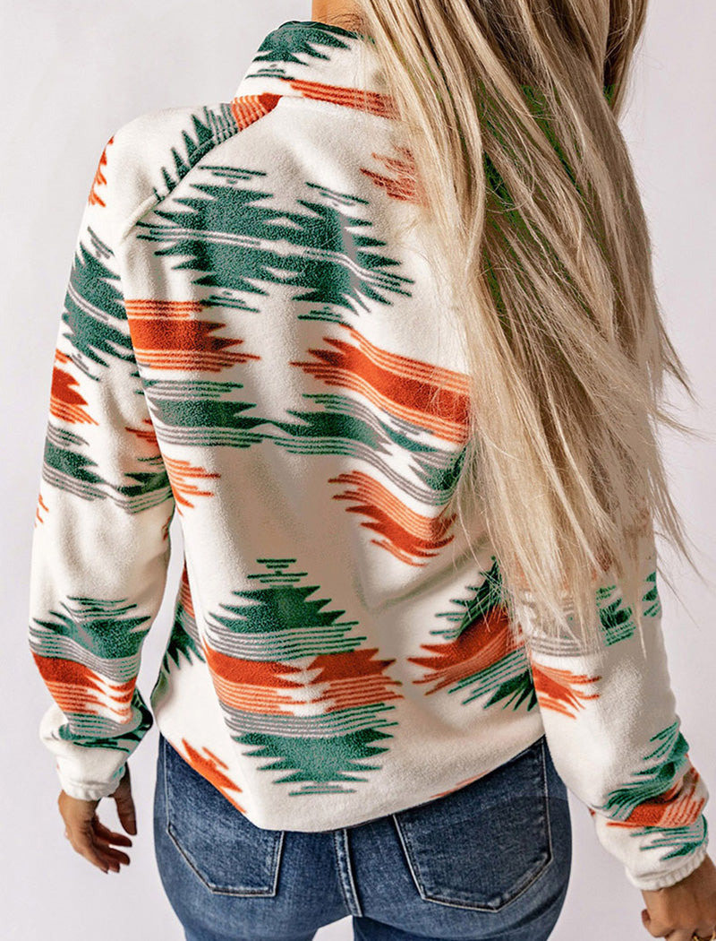 Aztec Print Button-Up Fleece Jacket