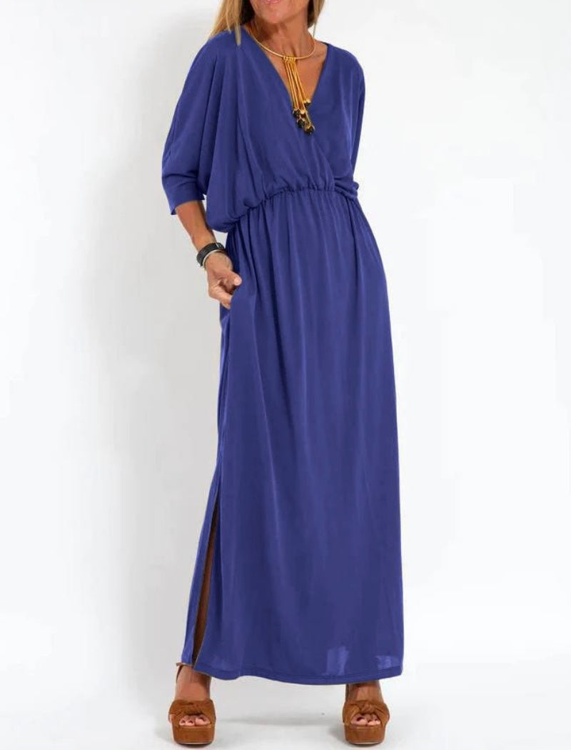 V-Neck Batwing Sleeve Maxi Dress with Pockets