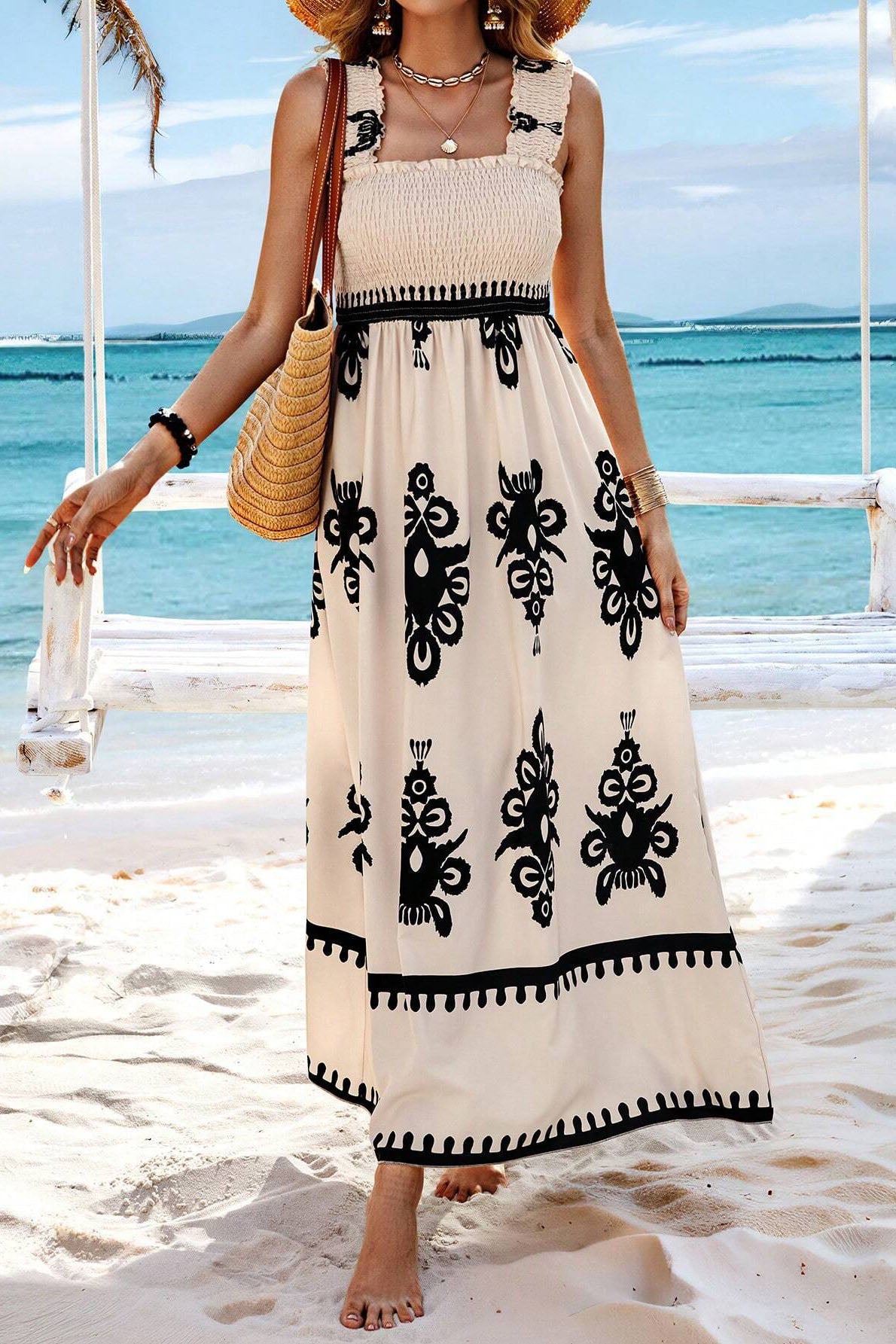 Boho Print Smocked Maxi Dress