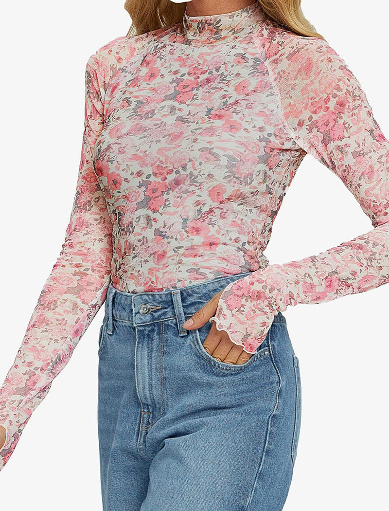 Floral Mesh Long-Sleeve Top with High Neck