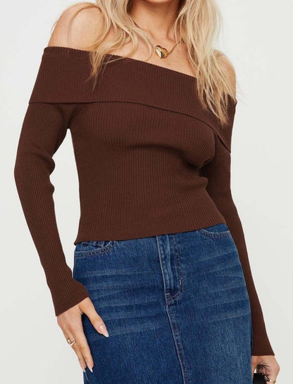 Off-Shoulder Knit Top with Long Sleeves