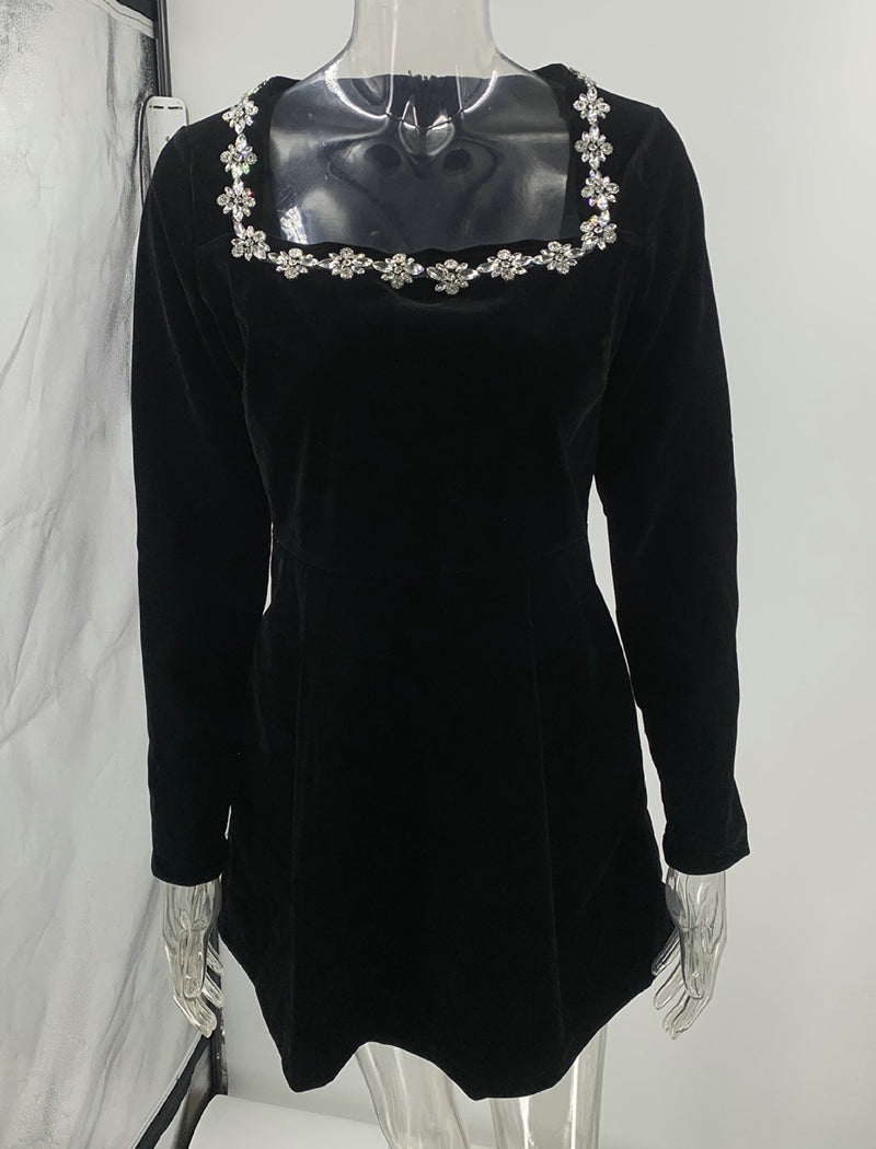 Square Neck Rhinestone-Trimmed Velvet Dress