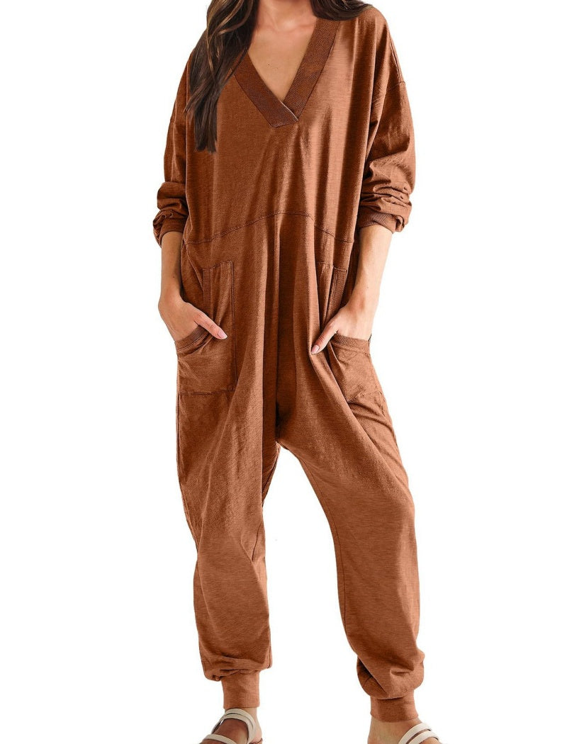 V-Neck Pockets Jumpsuit