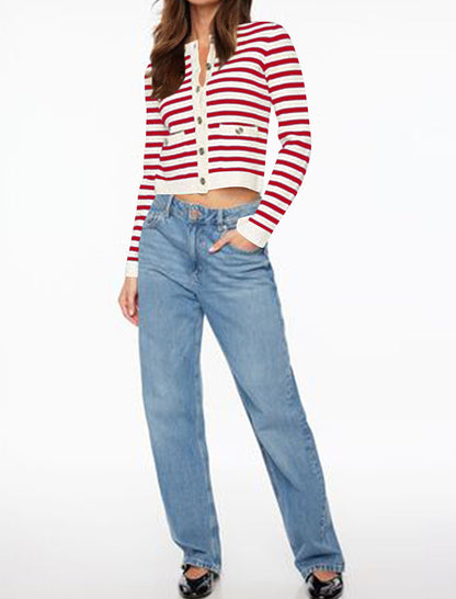 Striped Button-Up Cropped Cardigan
