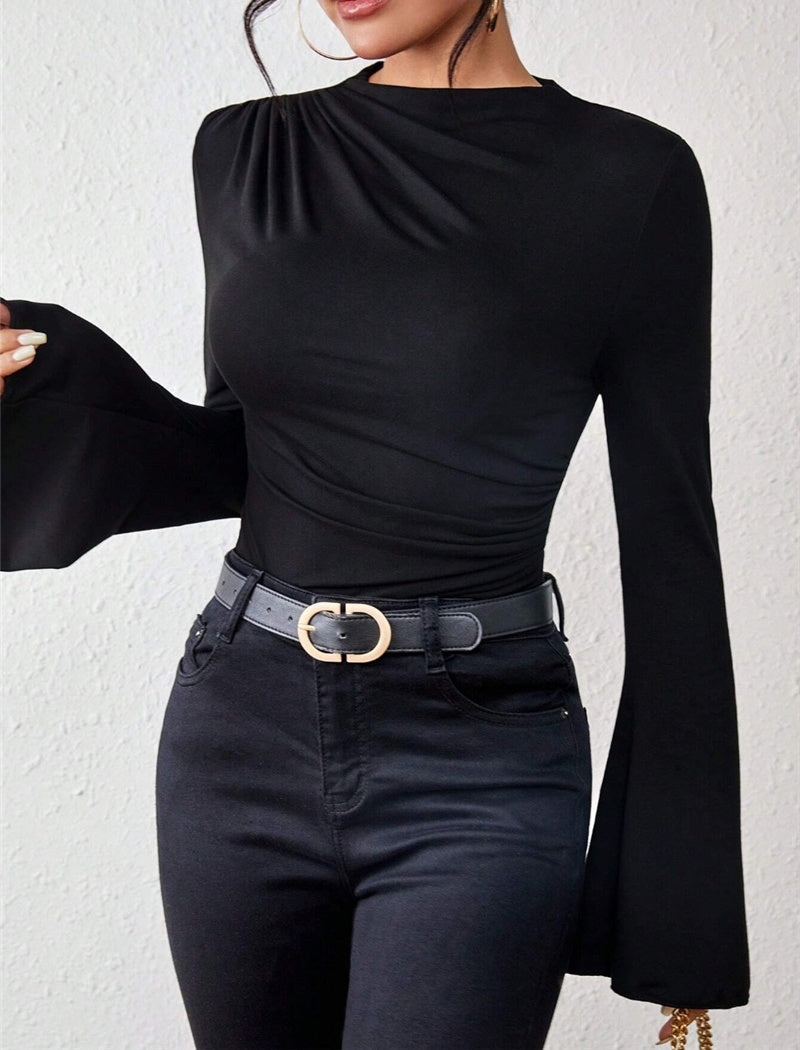 Ruched Long Sleeve Top with Flared Cuffs