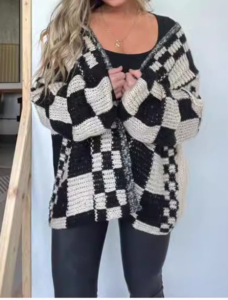 Checkered Open-Front Cardigan