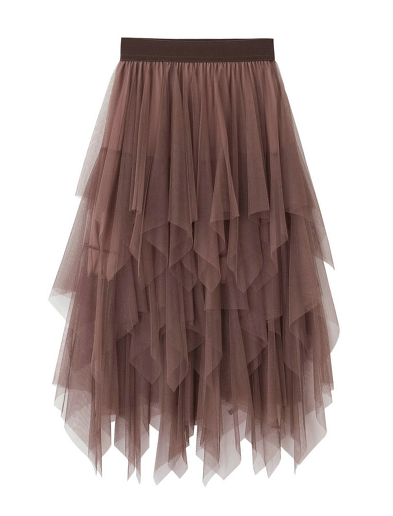 Asymmetric Ruffle Mesh Skirt