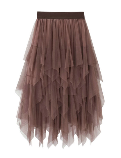 Asymmetric Ruffle Mesh Skirt