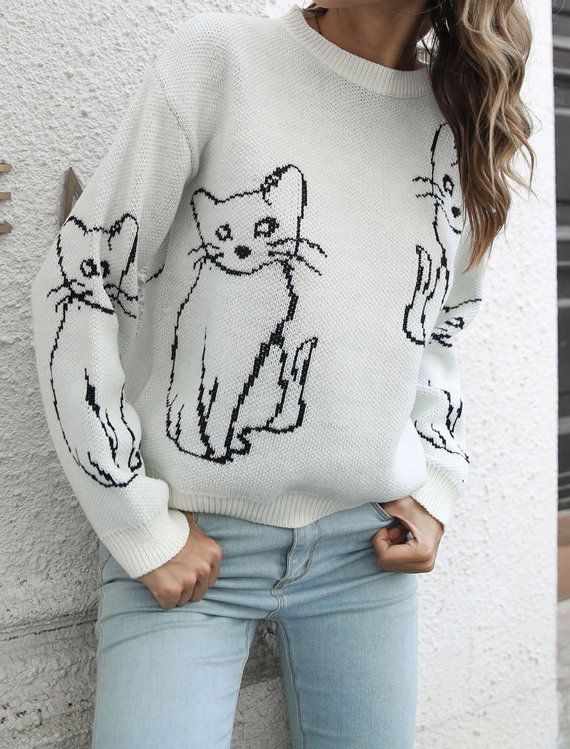 Cat Graphic Knitted Pullover Sweater