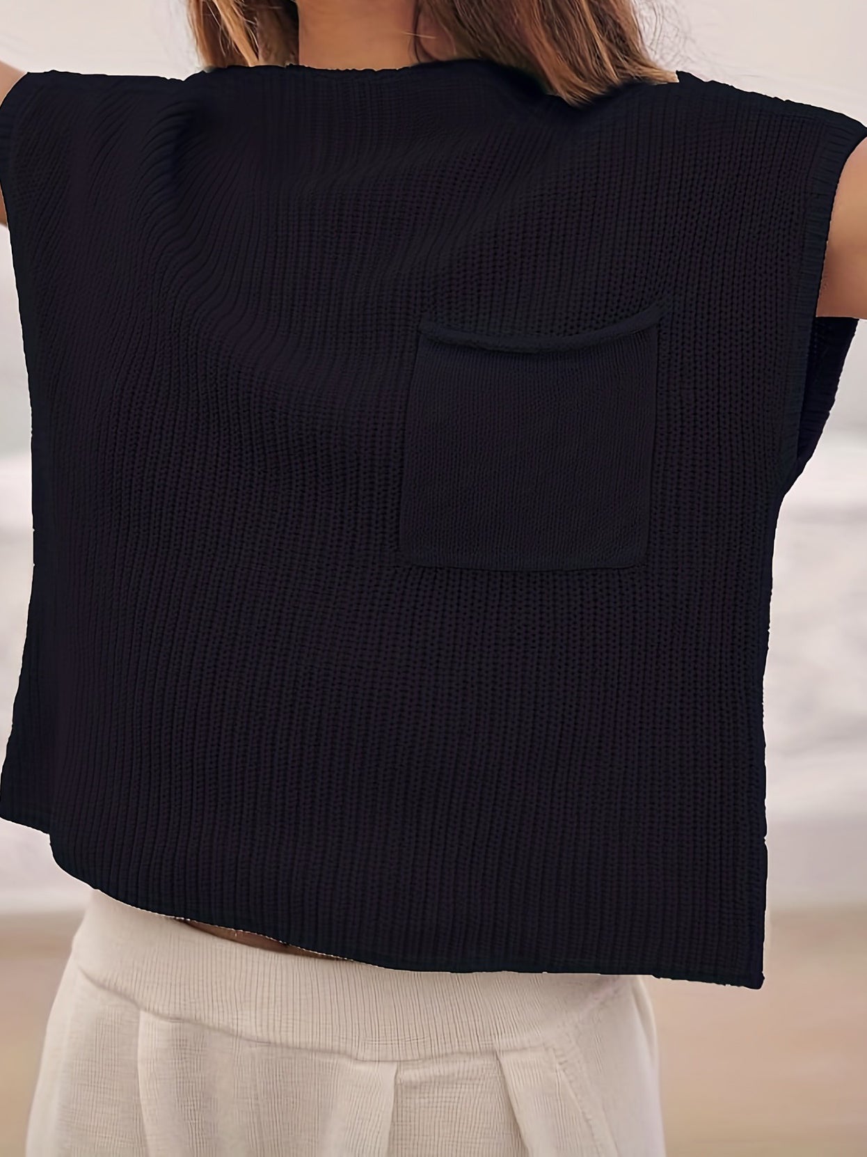 Solid Sleeveless Pocket Sweater