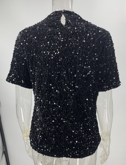 Round Neck Velvet Sequin Short Sleeve T-Shirt