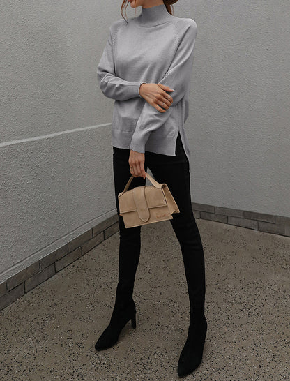 Solid High-Neck Knit Sweater with Side Slits