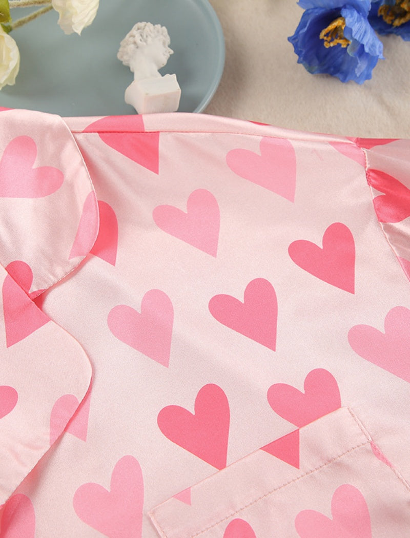 Heart Pattern Button-Up Pajama Set