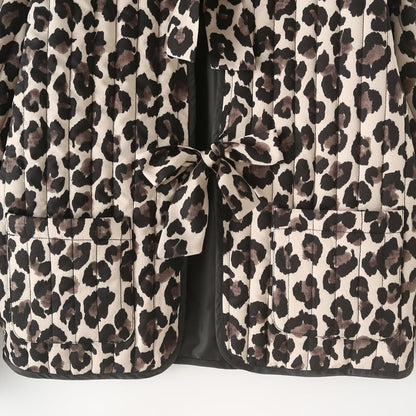 Leopard Print Quilted Coat with Knot Ties