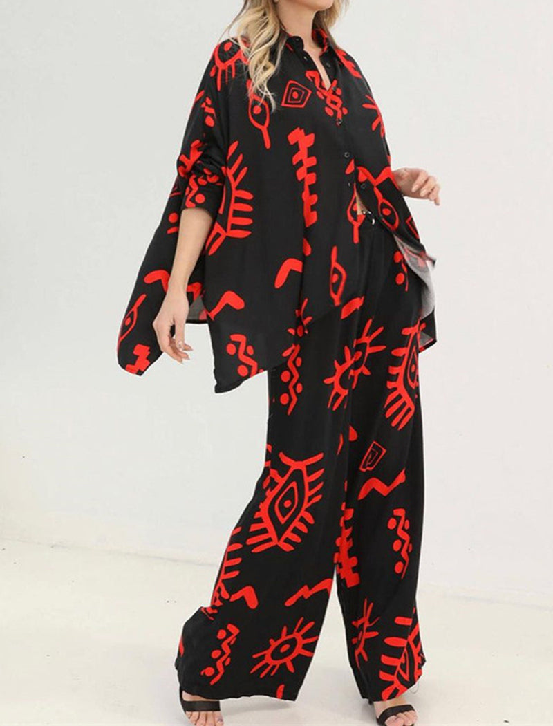 Graphic Button-Up Top and Wide-Leg Pants Set