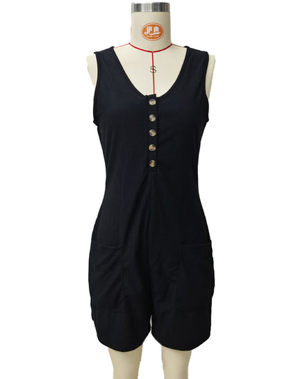 Sleeveless Button-Up Romper with Pockets