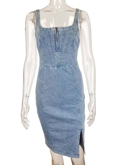 Denim Tank Split-Hem Midi Dress