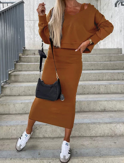 Hooded V-Neck Top and Sleeveless Midi Dress Set