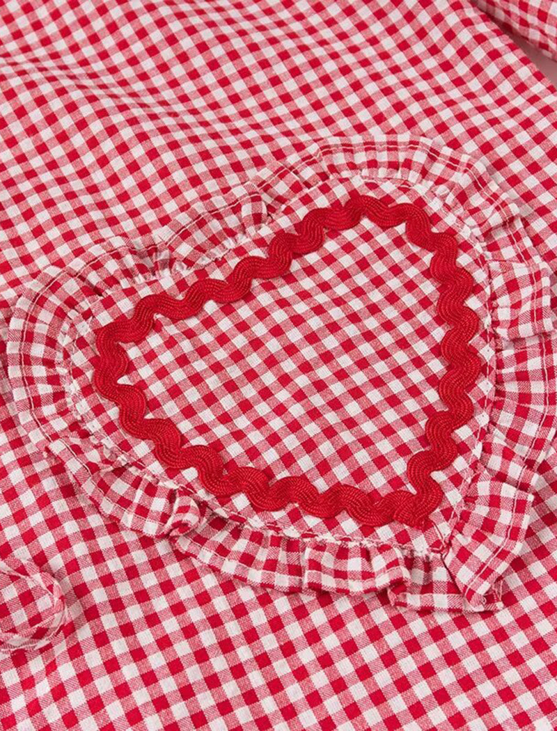 Heart Pocket Checkered Loose Long Sleeve Shirt