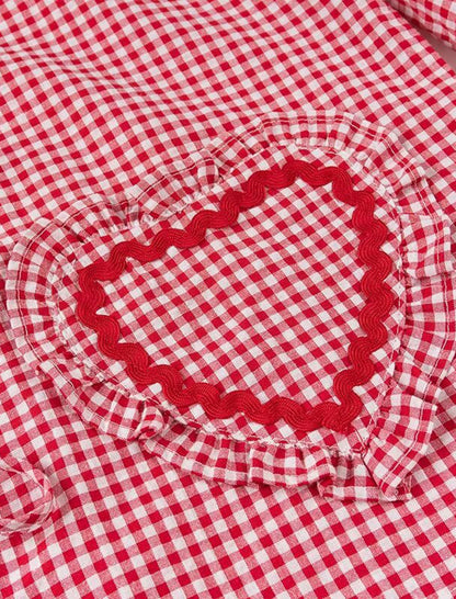 Heart Pocket Checkered Loose Long Sleeve Shirt