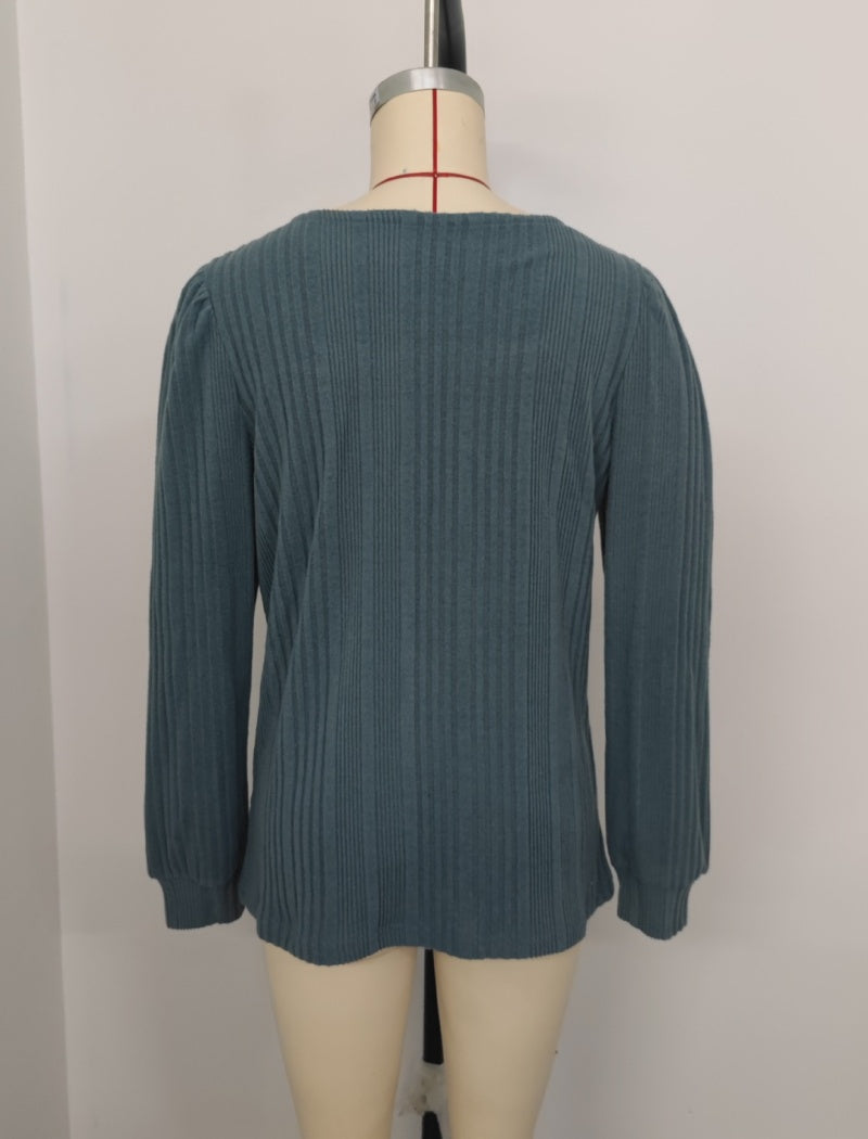 Ribbed Square Neck Long Sleeve Casual Top