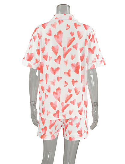 Button-Up Heart Print Short Pajama Set