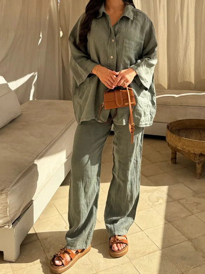 Oversized Button-Up Shirt and Wide-Leg Pants Set