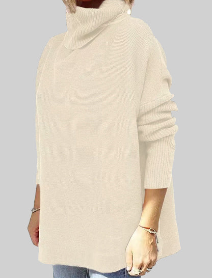 High Neck Batwing Sleeve Slit Hem Waist-Tie Sweater