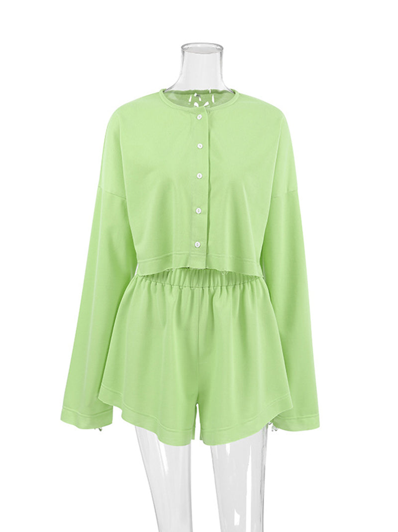 Cropped Button-Up Shirt and Flared Shorts Set