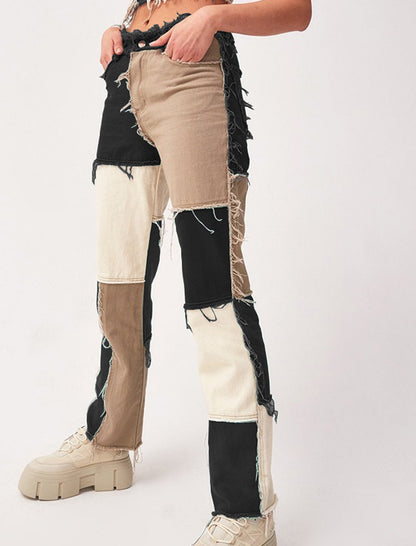Patchwork Distressed Straight Jeans