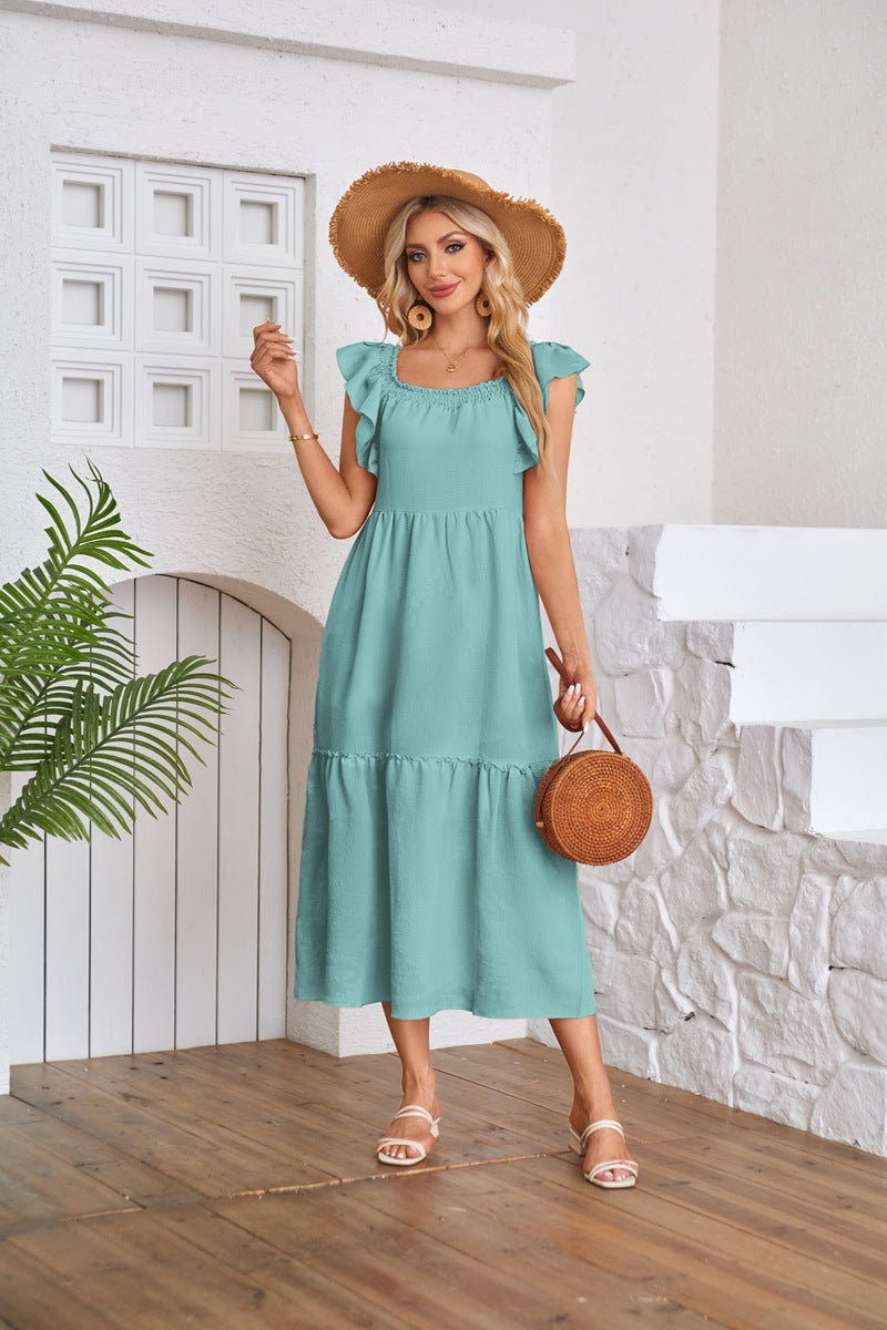 Solid Ruffle Sleeve Midi Dress