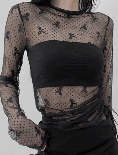 Sheer Mesh Long-Sleeve Top with Bow Design