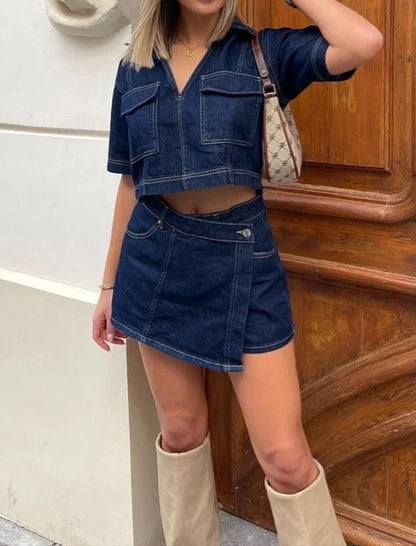 V-Neck Short Sleeve Top and Skirt Denim Set