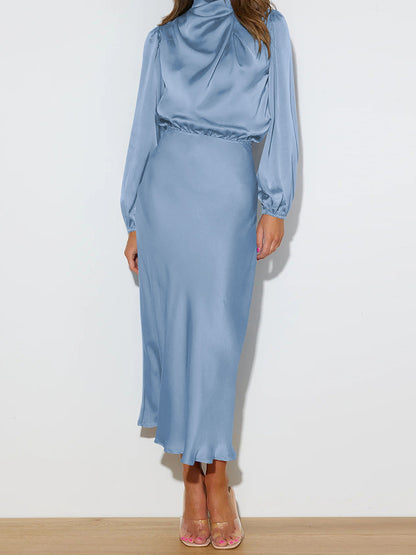 High-Neck Long-Sleeve Midi Dress