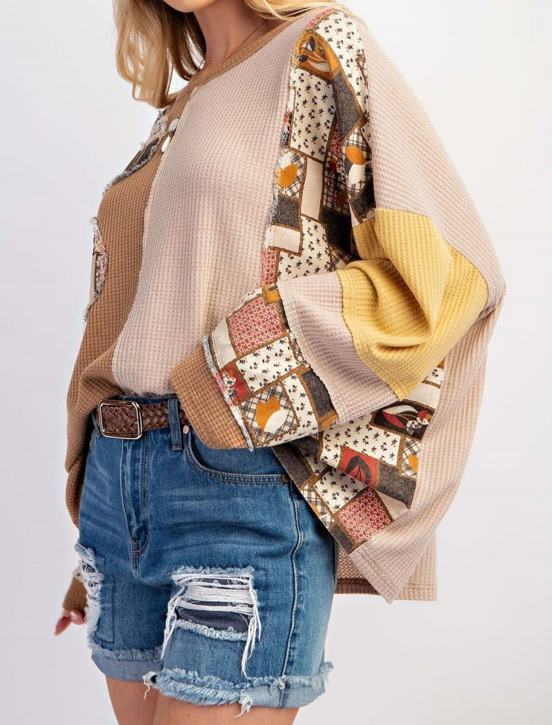 Patchwork Oversized Waffle Knit Top