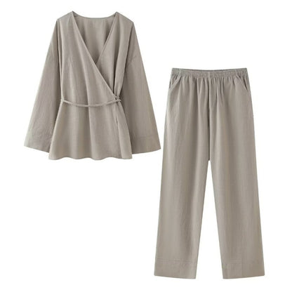 Wrap-Style Top and Wide-Leg Pants Set