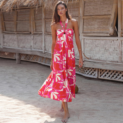 Halter Tropical Print A-Line Dress