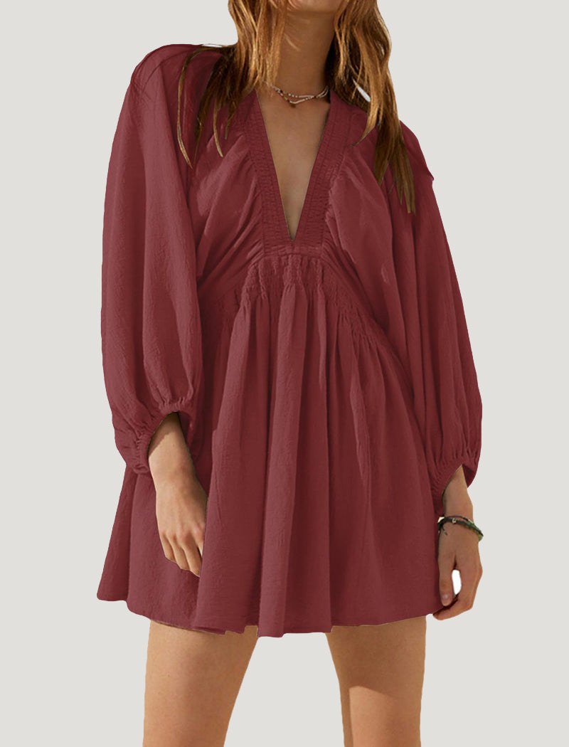 Puff Sleeve V-Neck Mini Dress