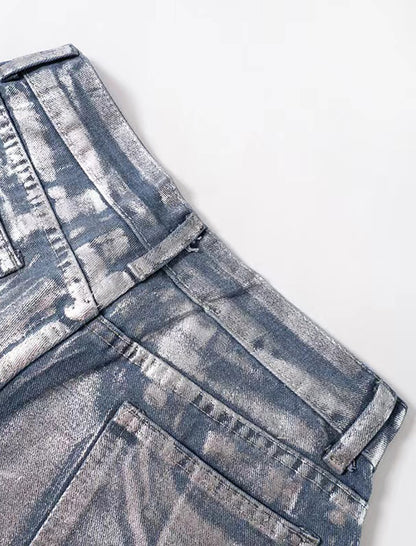 Straight-Leg Blue Silver-Printed Jeans