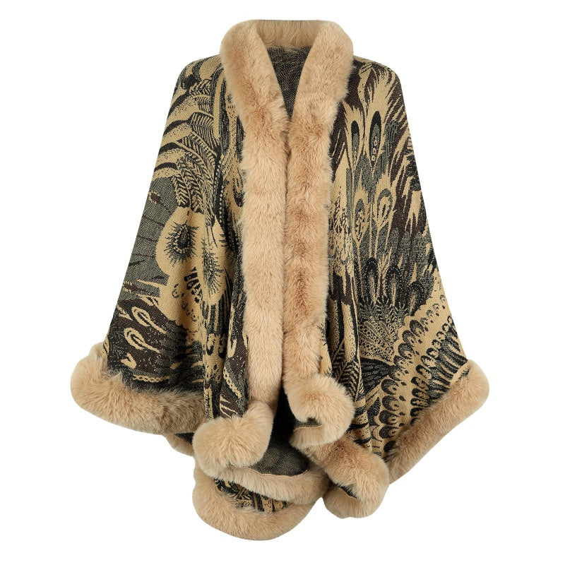 Faux Fur Trimmed Printed Cape