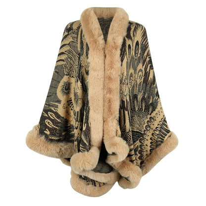 Faux Fur Trimmed Printed Cape