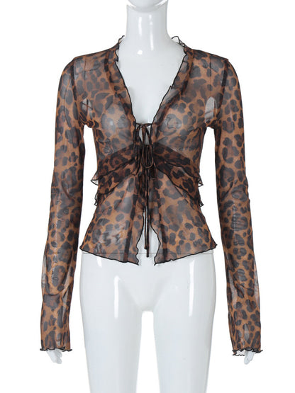 Long-Sleeve Tie-Front Leopard Top